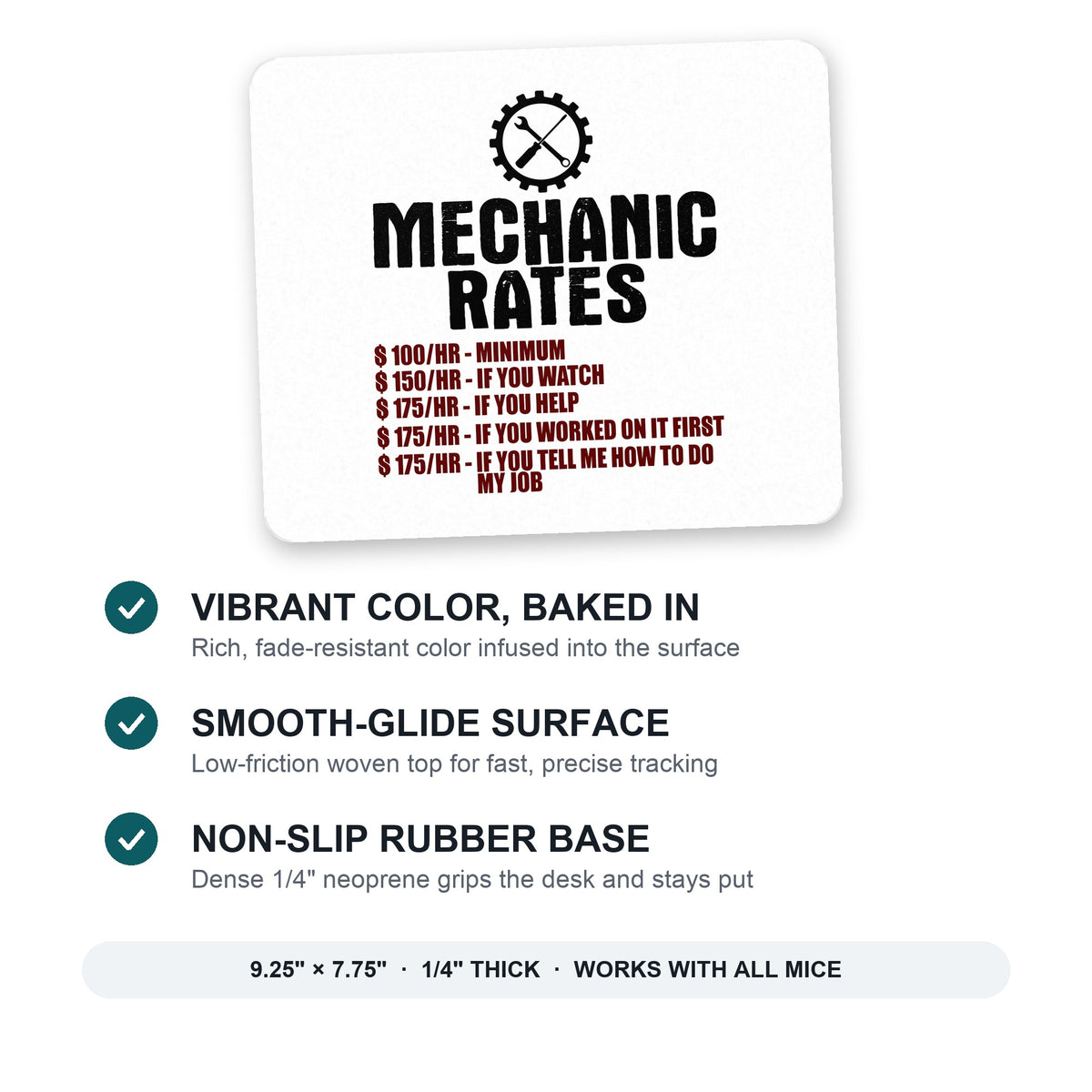Mechanic Rates More If You Watch Help mouse pad: vibrant color, smooth-glide surface, non-slip rubber base, 9.25 x 7.75 inches