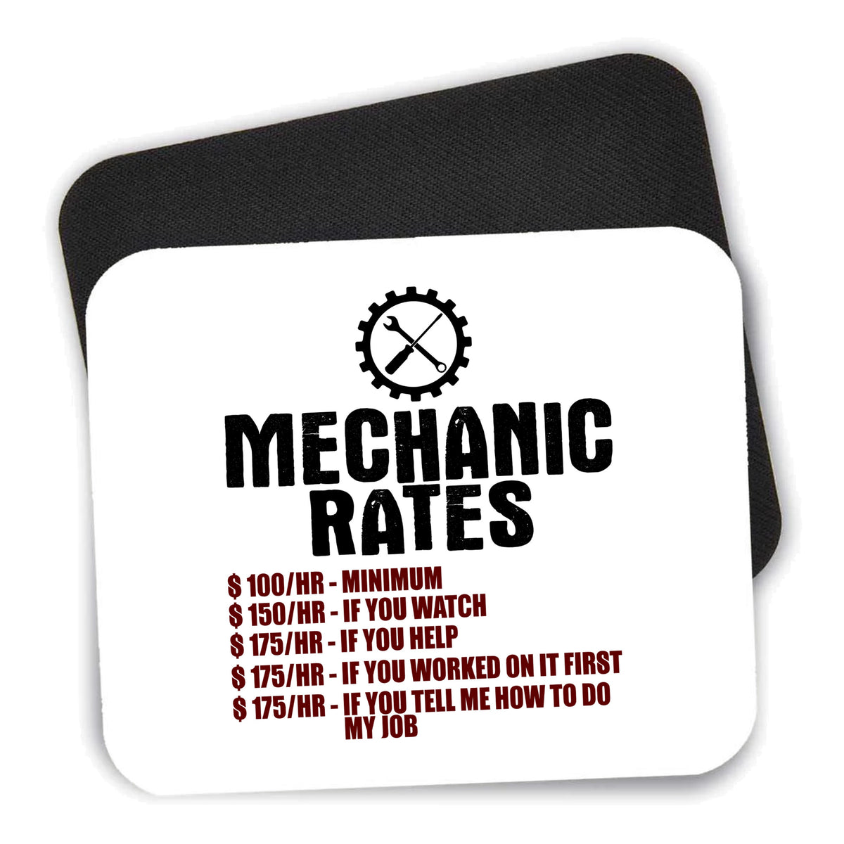 Mechanic Rates More If You Watch Help mouse pad shown with its black non-slip rubber underside
