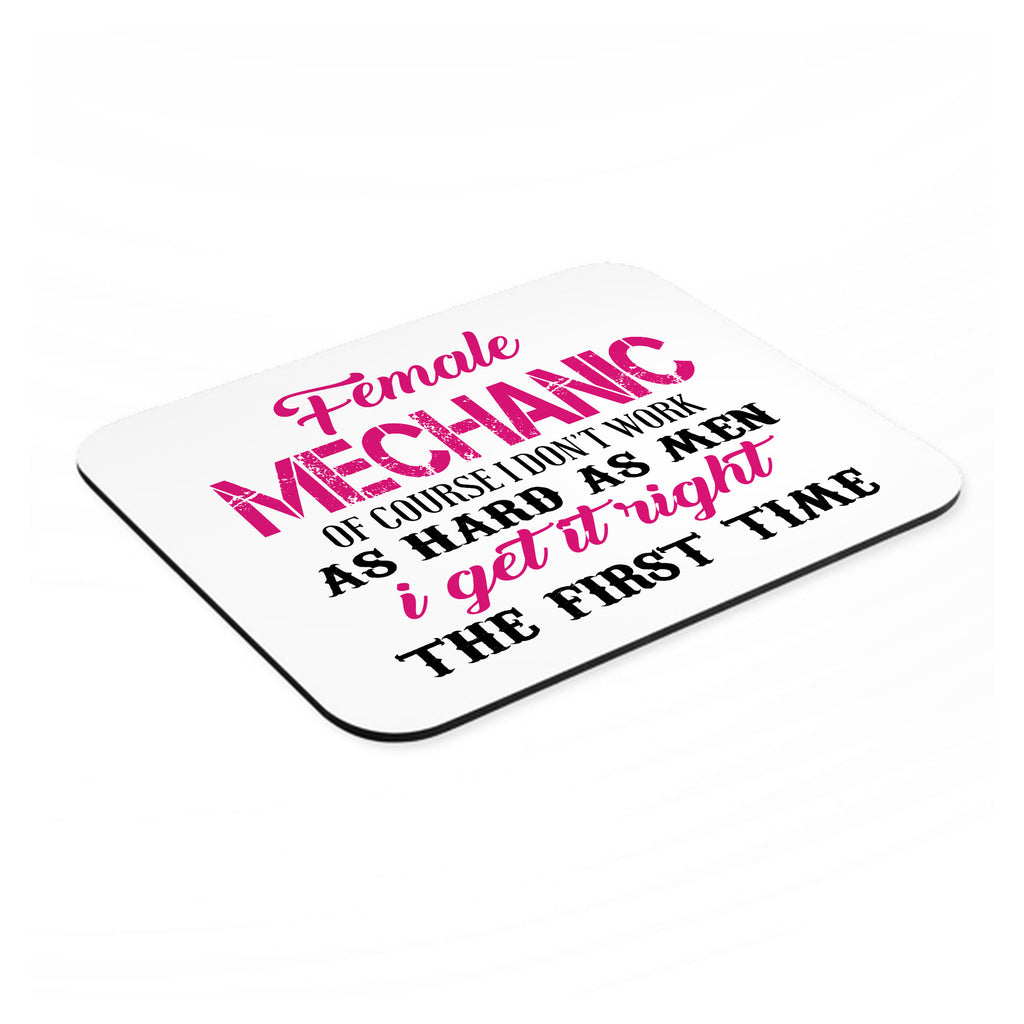 Female Mechanic Get It Right the First Time mouse pad, angled view showing the 1/4 inch thick base
