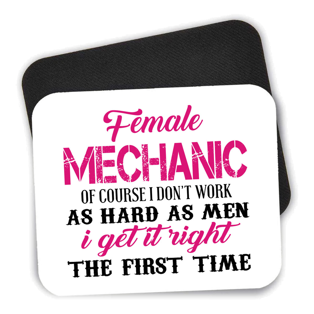 Female Mechanic Get It Right the First Time mouse pad shown with its black non-slip rubber underside