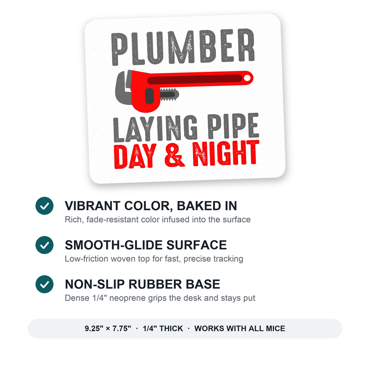 Plumber - Laying Pipe Day & Night mouse pad: vibrant color, smooth-glide surface, non-slip rubber base, 9.25 x 7.75 inches