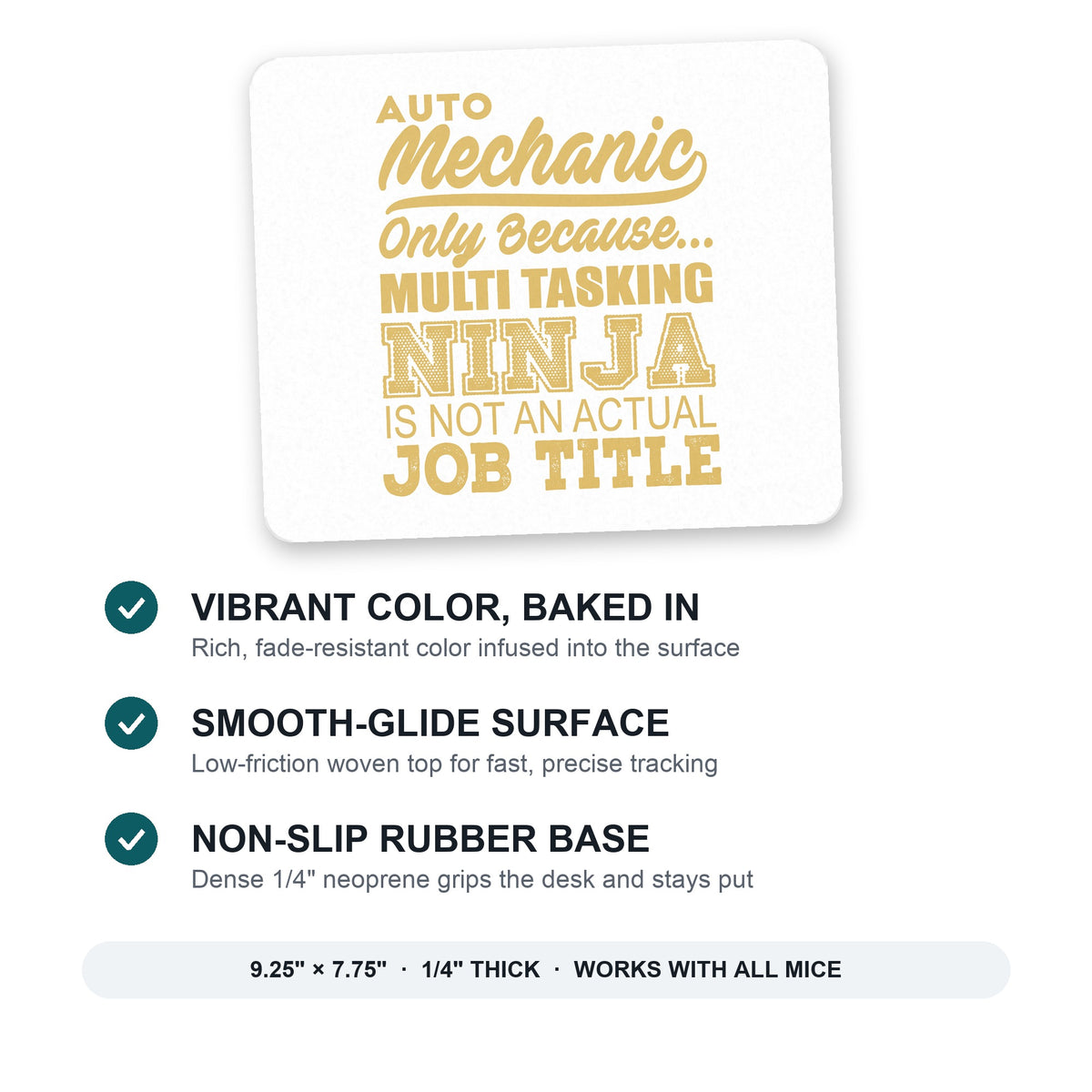 Auto Mechanic Multi Tasking Ninja mouse pad: vibrant color, smooth-glide surface, non-slip rubber base, 9.25 x 7.75 inches