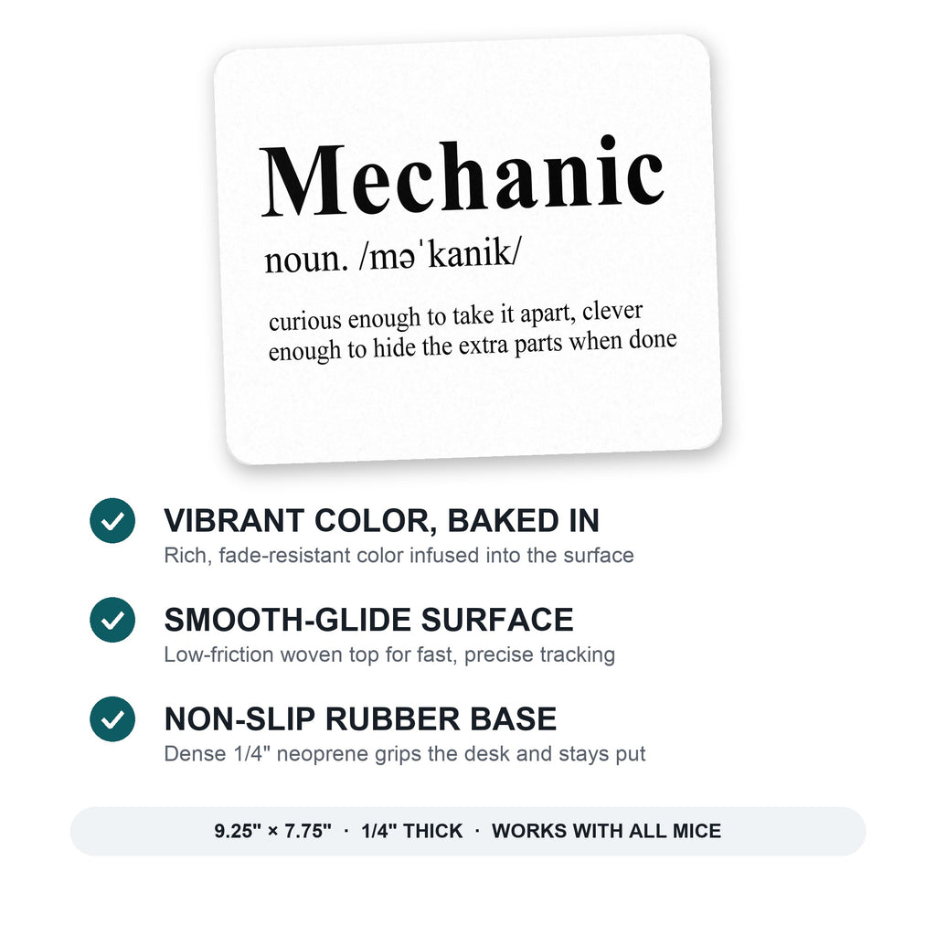 Mechanic Definition Hide the Extra Parts mouse pad: vibrant color, smooth-glide surface, non-slip rubber base, 9.25 x 7.75 inches