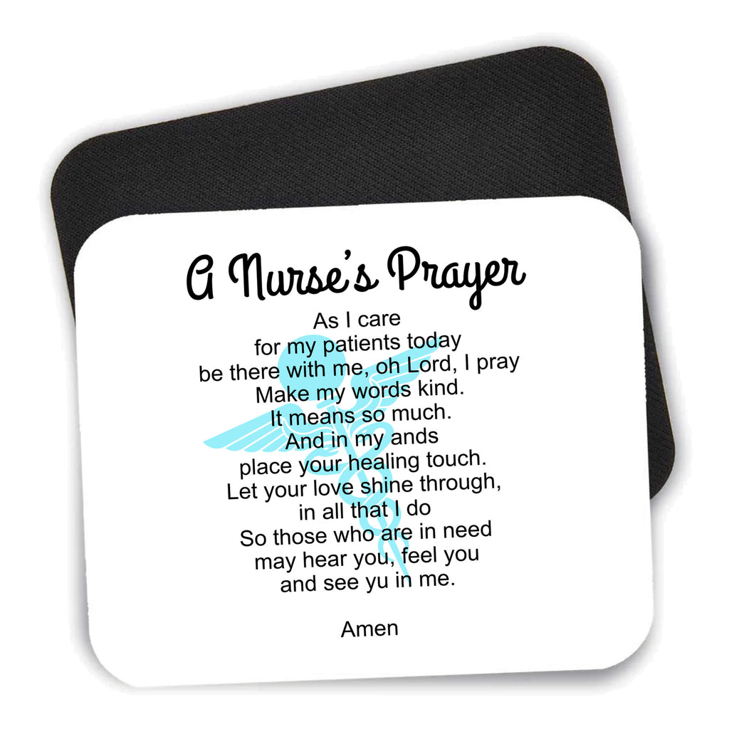 A Nurse's Prayer mouse pad shown with its black non-slip rubber underside