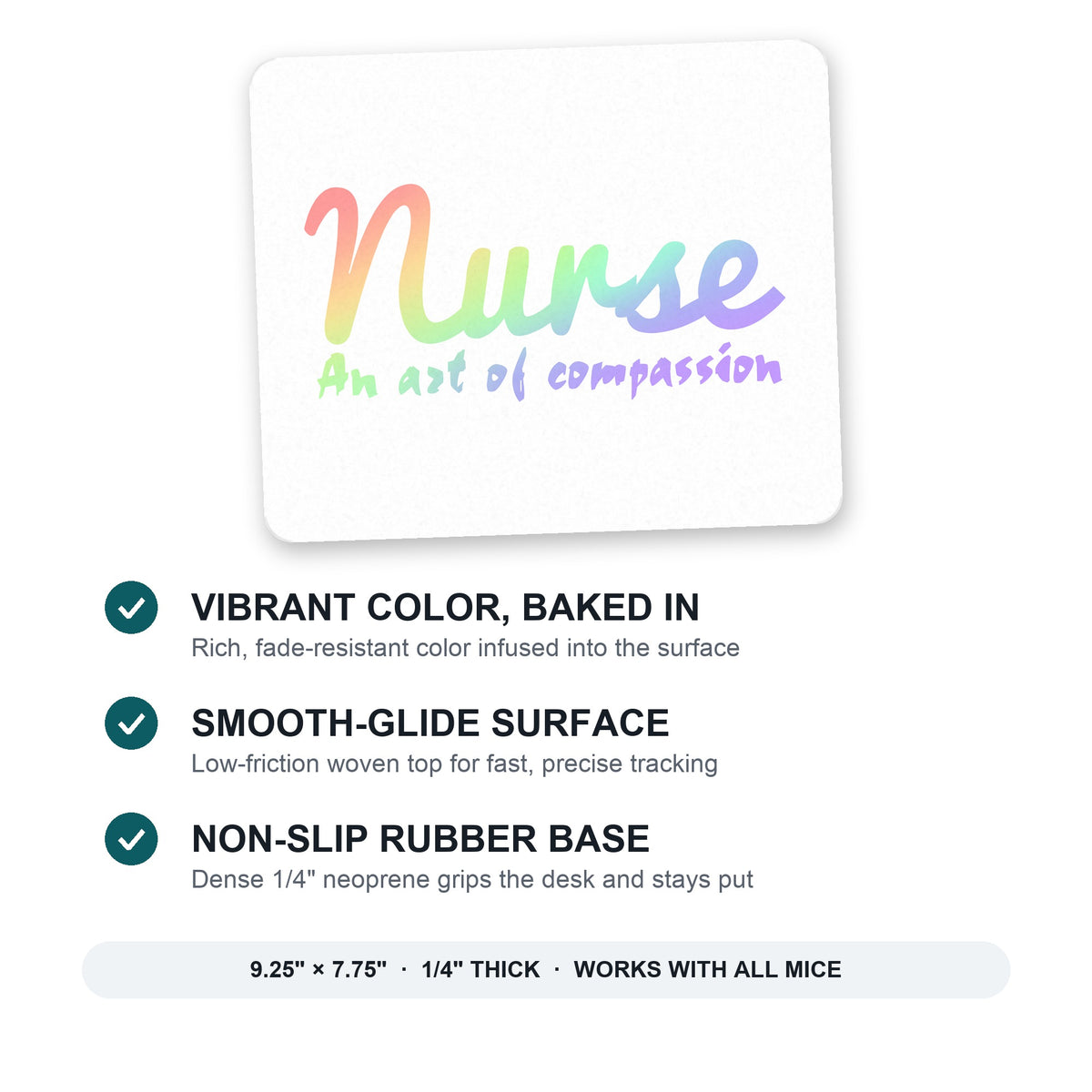 Nurse An Art of Compassion mouse pad: vibrant color, smooth-glide surface, non-slip rubber base, 9.25 x 7.75 inches