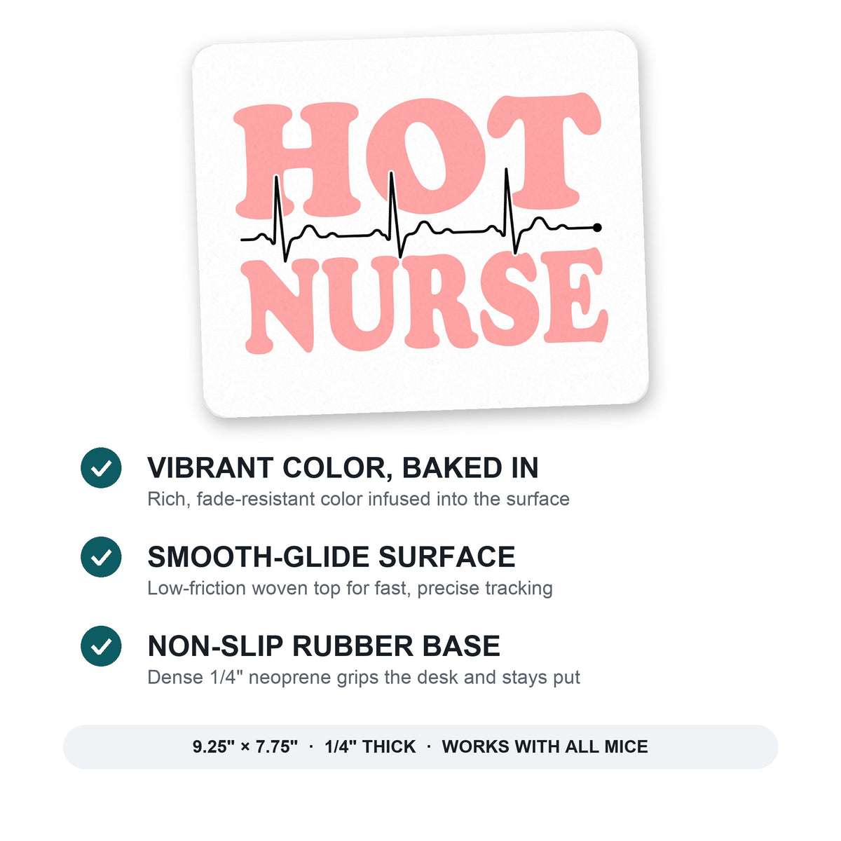 Hot Nurse mouse pad: vibrant color, smooth-glide surface, non-slip rubber base, 9.25 x 7.75 inches