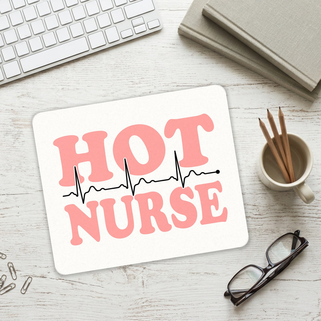Hot Nurse mouse pad on a desk with a keyboard
