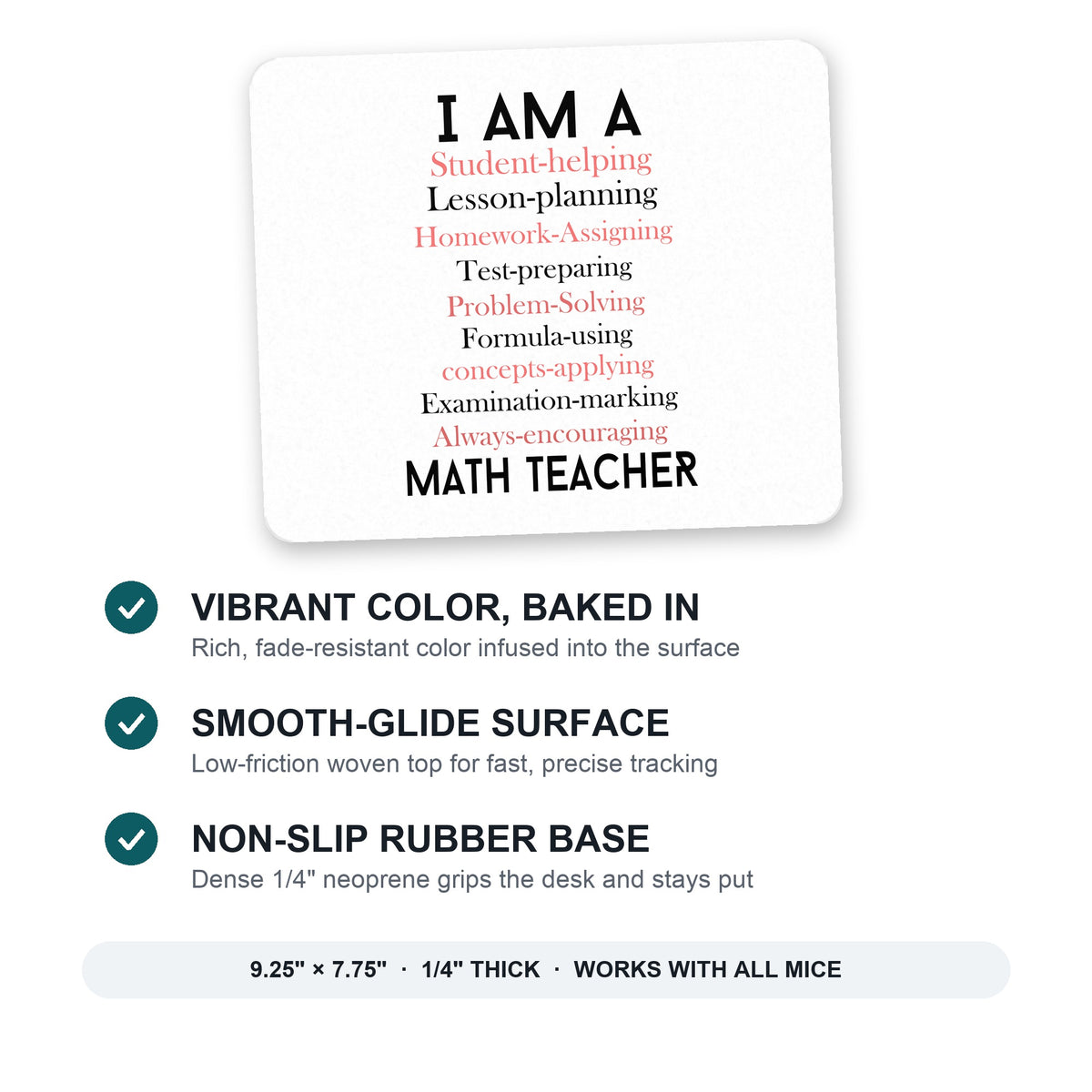 Teacher Student Helping Homework Encourage mouse pad: vibrant color, smooth-glide surface, non-slip rubber base, 9.25 x 7.75 inches
