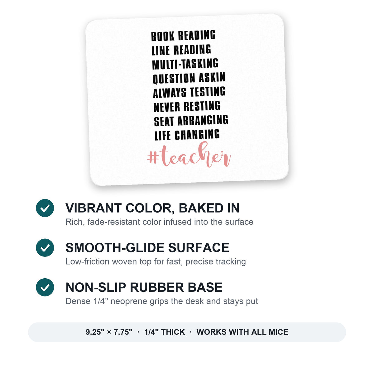 Teacher Book Reading Line Multi Tasking mouse pad: vibrant color, smooth-glide surface, non-slip rubber base, 9.25 x 7.75 inches