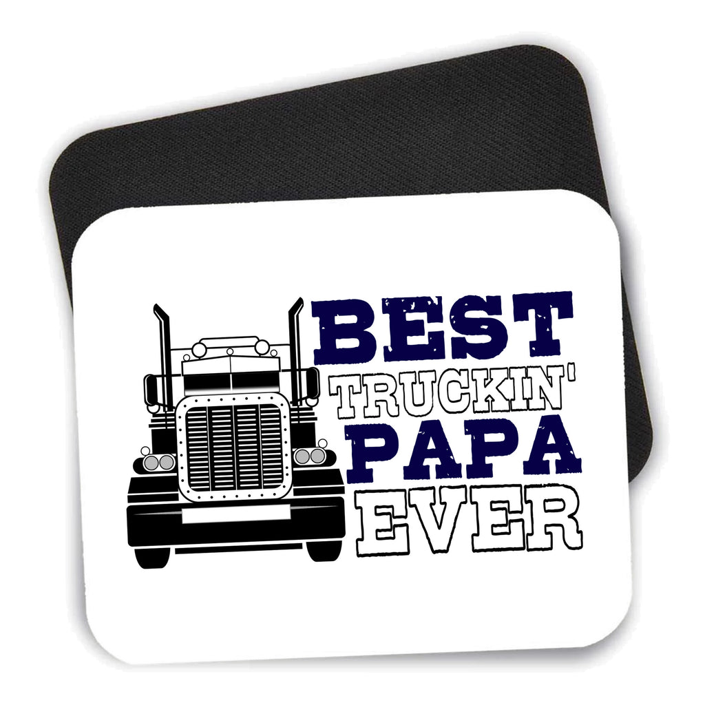 Best Truckin' Papa Ever mouse pad shown with its black non-slip rubber underside