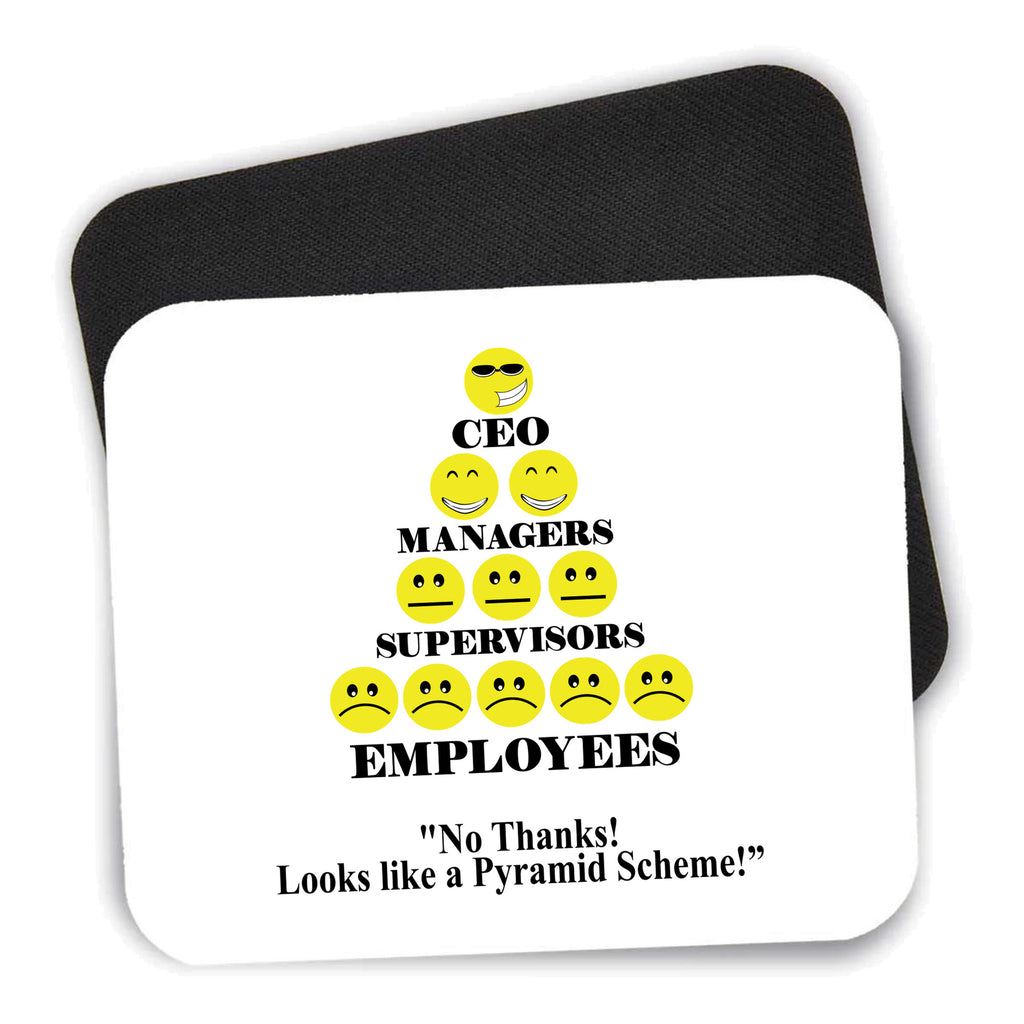 No Thanks Looks Like a Pyramid Scheme mouse pad shown with its black non-slip rubber underside