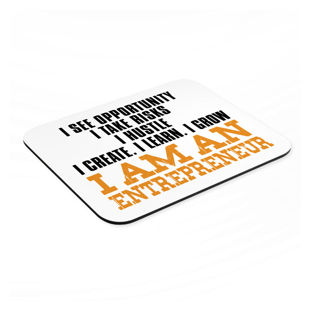 Entrepreneur Opportunity Risks Hustle mouse pad, angled view showing the 1/4 inch thick base
