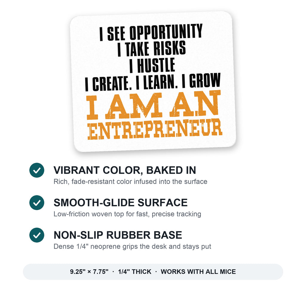 Entrepreneur Opportunity Risks Hustle mouse pad: vibrant color, smooth-glide surface, non-slip rubber base, 9.25 x 7.75 inches