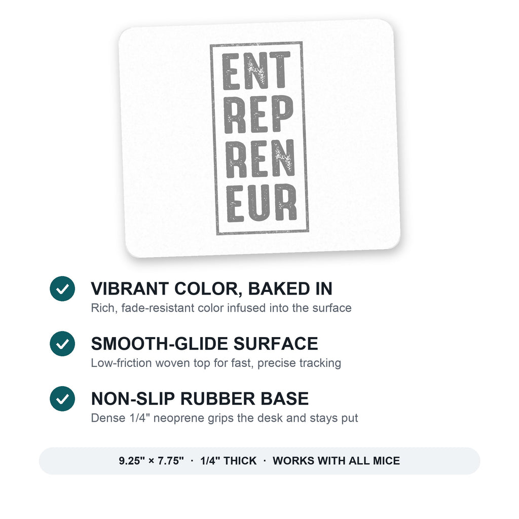 Entrepreneur Word Art mouse pad: vibrant color, smooth-glide surface, non-slip rubber base, 9.25 x 7.75 inches