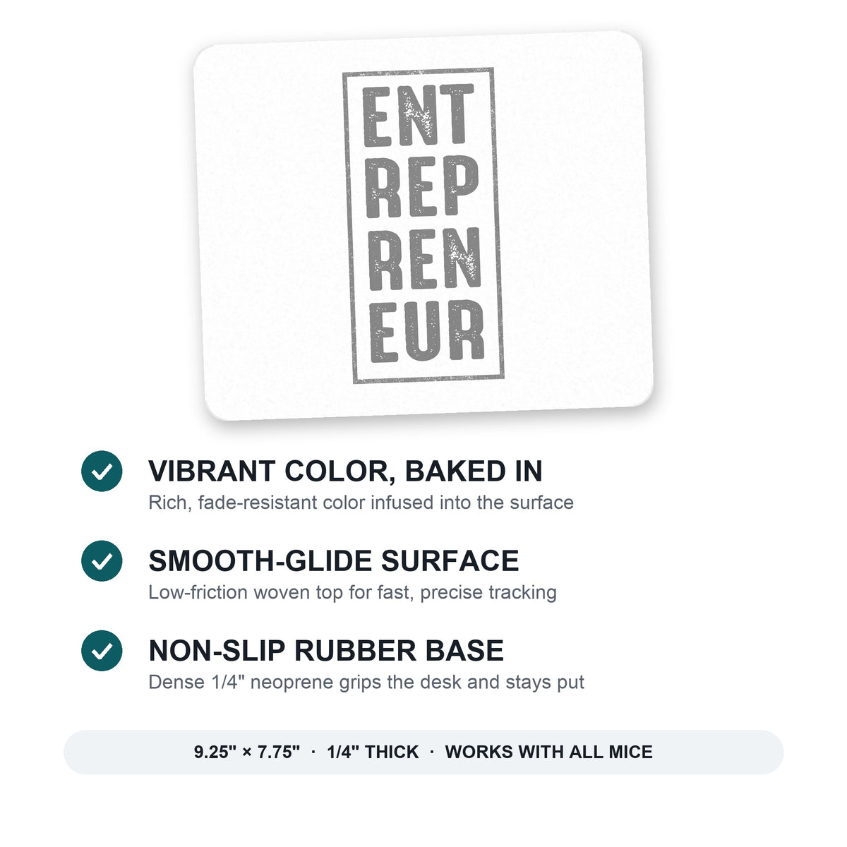 Entrepreneur Word Art mouse pad: vibrant color, smooth-glide surface, non-slip rubber base, 9.25 x 7.75 inches