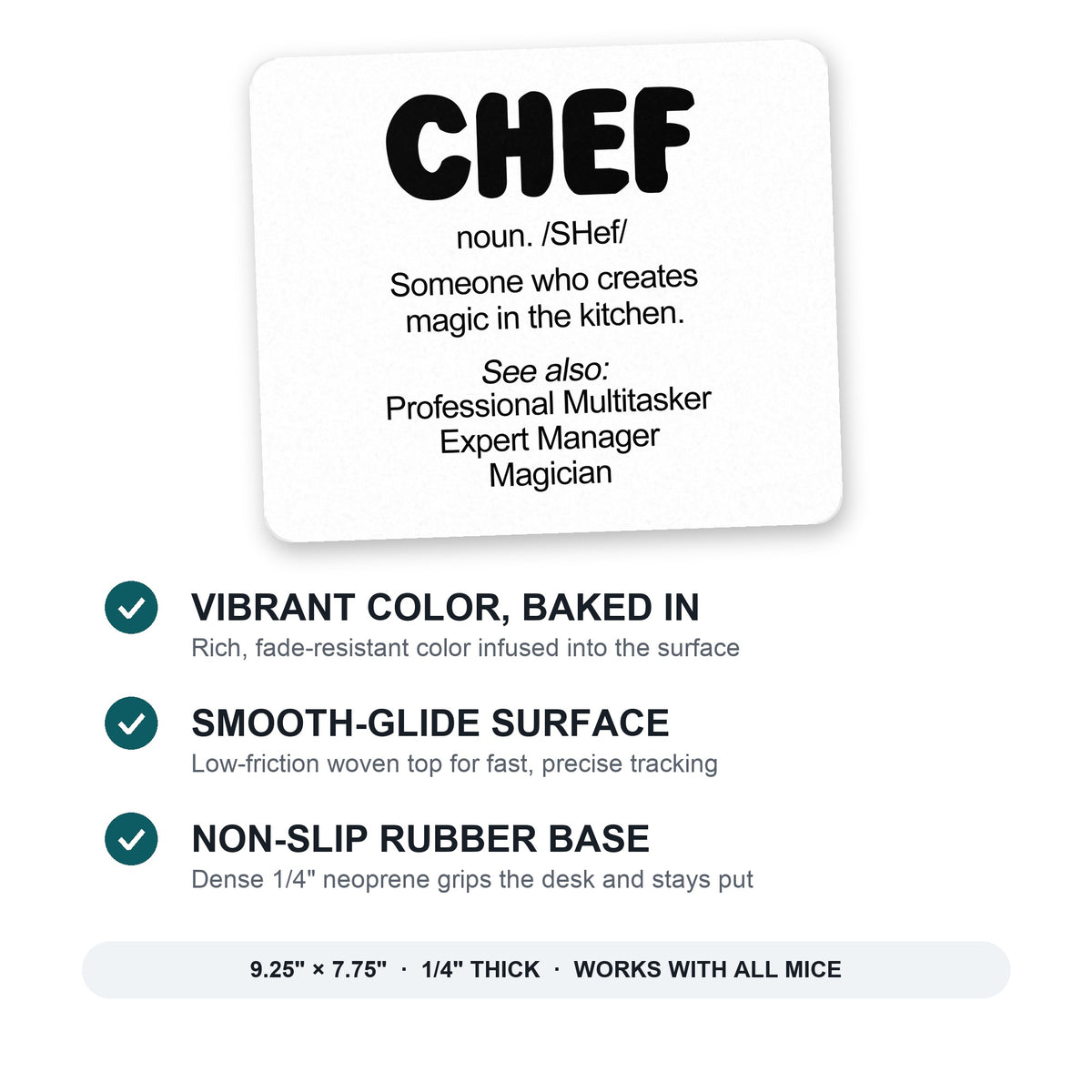 Chef Definition - Magic in the Kitchen mouse pad: vibrant color, smooth-glide surface, non-slip rubber base, 9.25 x 7.75 inches