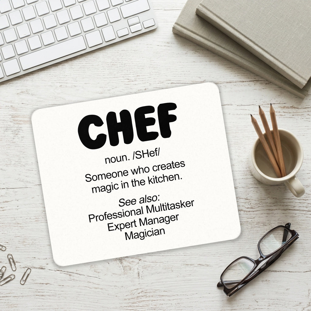 Chef Definition - Magic in the Kitchen mouse pad on a desk with a keyboard