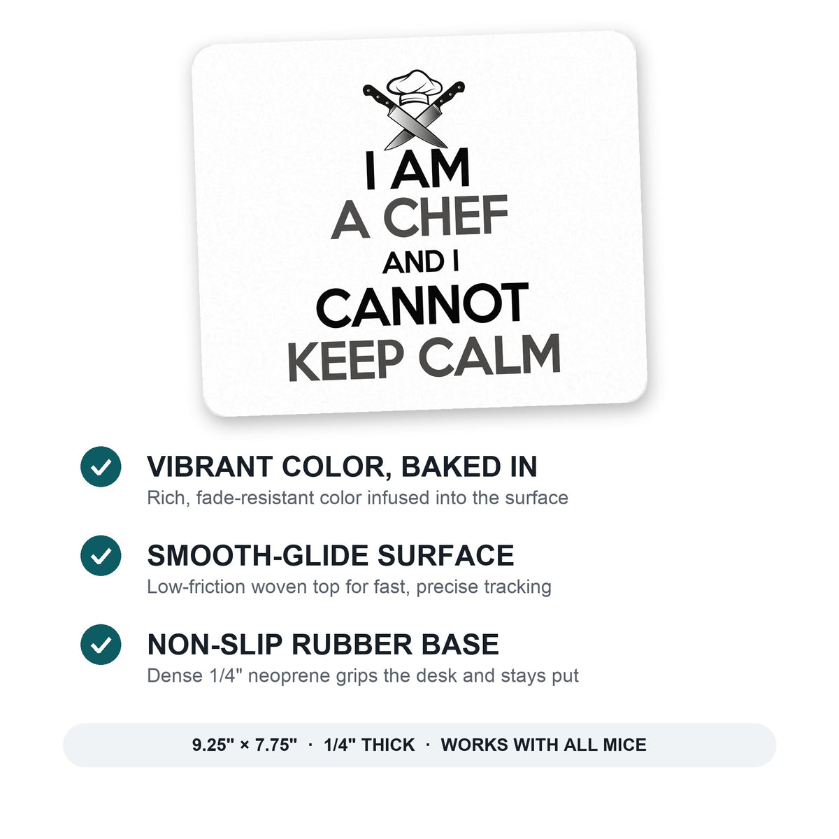 I Am the Chef Cannot Keep Calm mouse pad: vibrant color, smooth-glide surface, non-slip rubber base, 9.25 x 7.75 inches