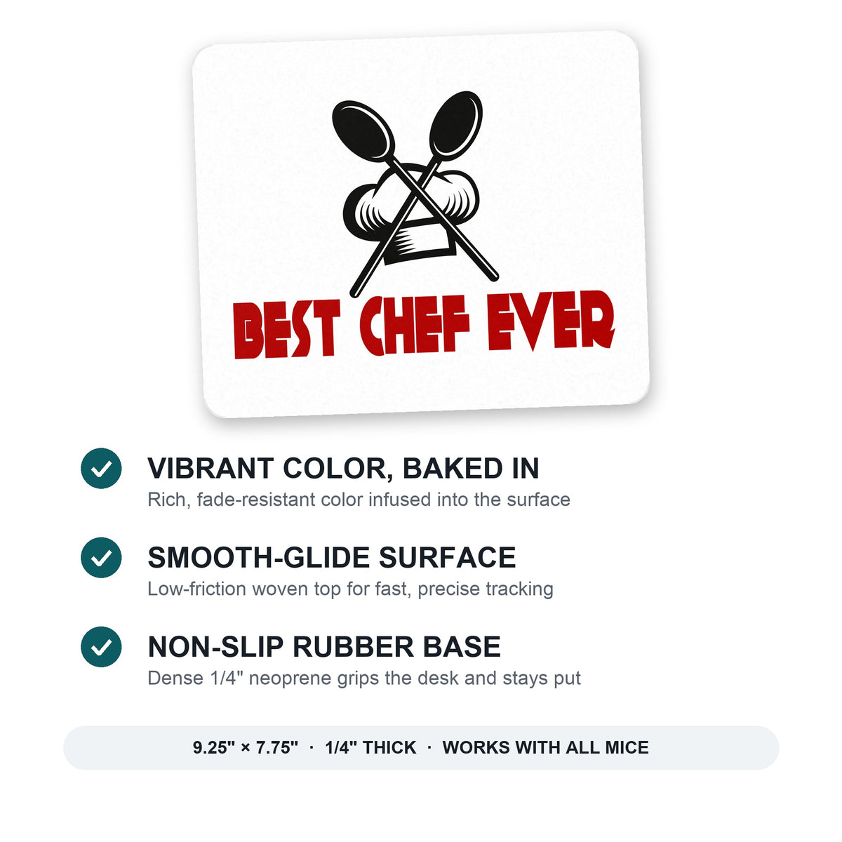 Best Chef Ever mouse pad: vibrant color, smooth-glide surface, non-slip rubber base, 9.25 x 7.75 inches