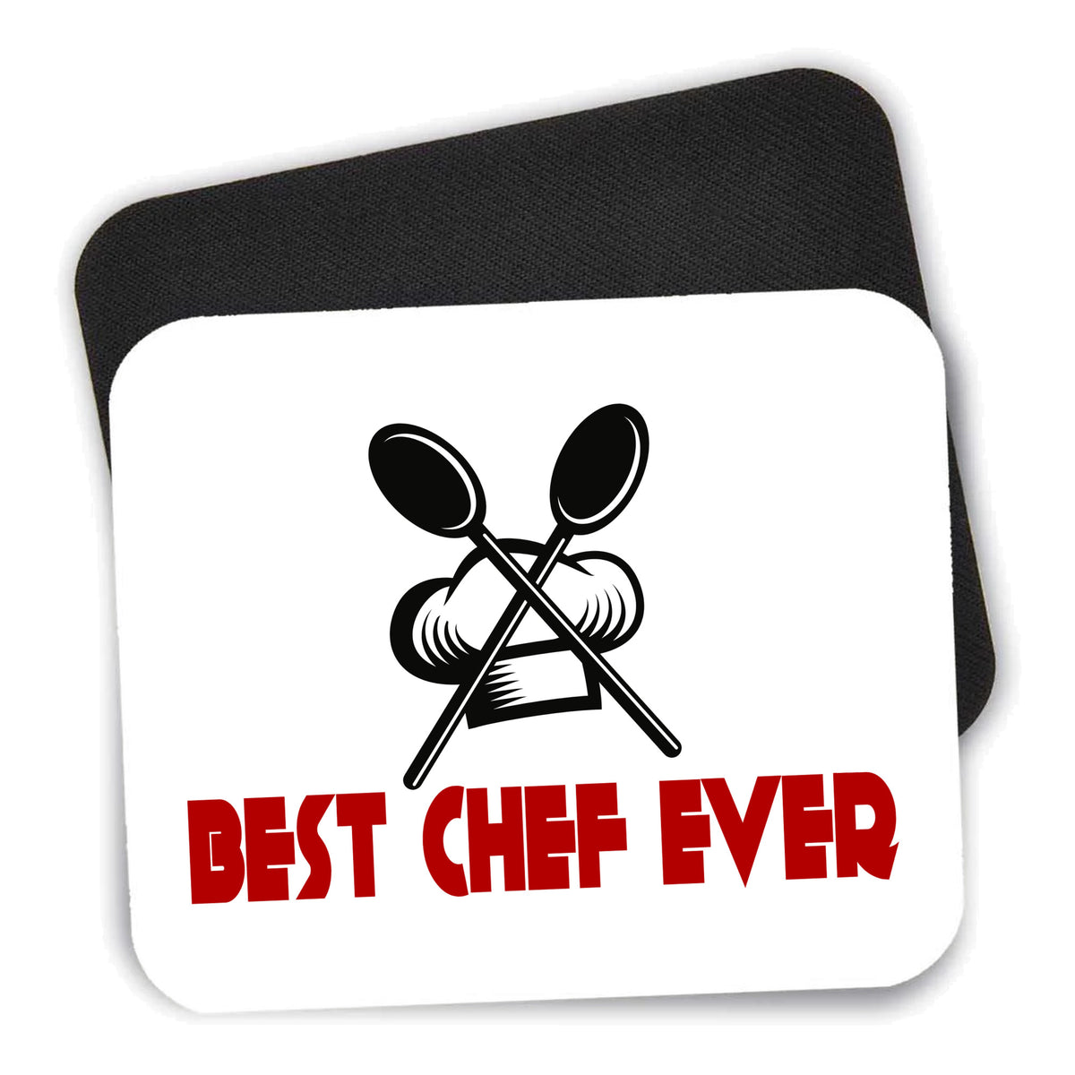 Best Chef Ever mouse pad shown with its black non-slip rubber underside