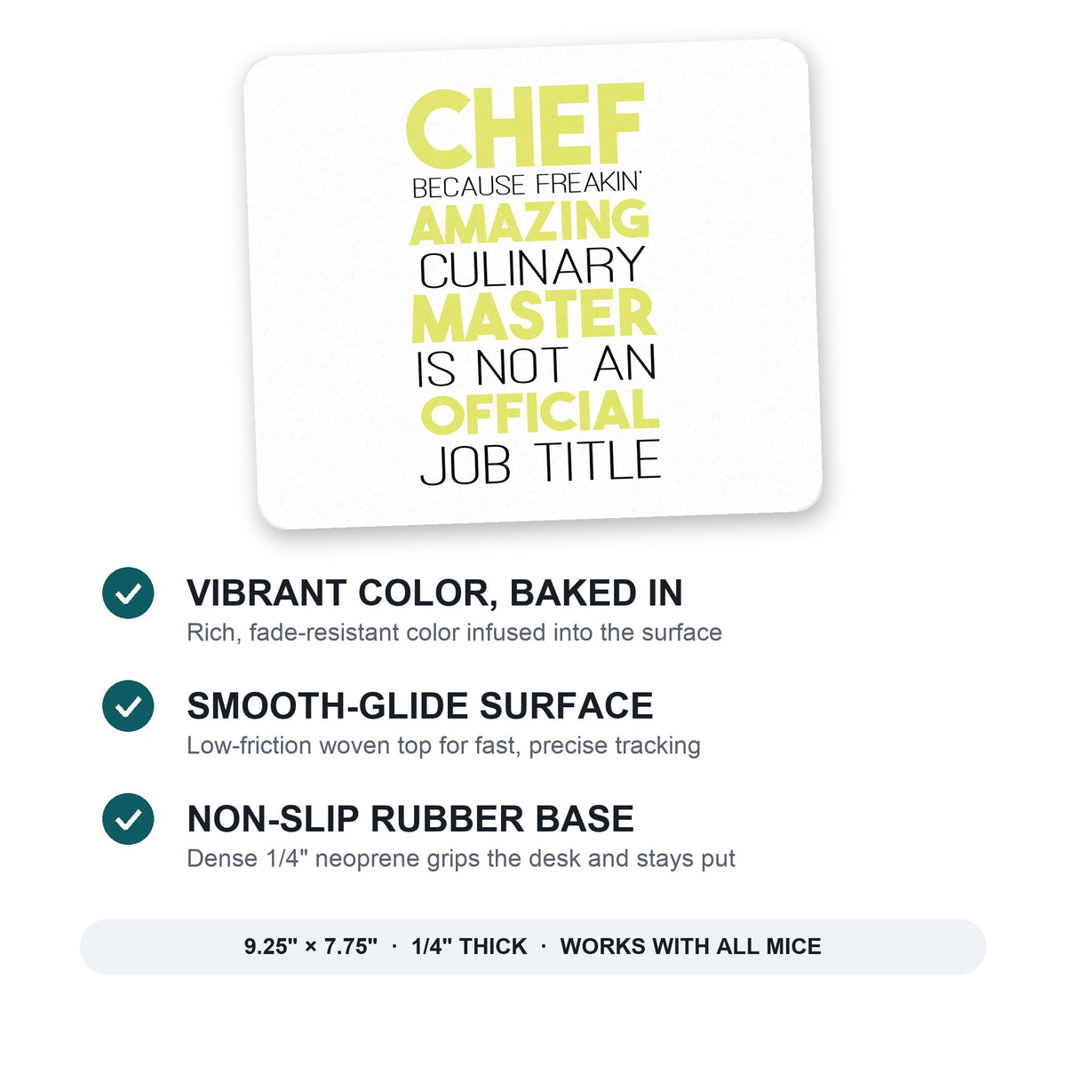 Chef Amazing Culinary Master mouse pad: vibrant color, smooth-glide surface, non-slip rubber base, 9.25 x 7.75 inches