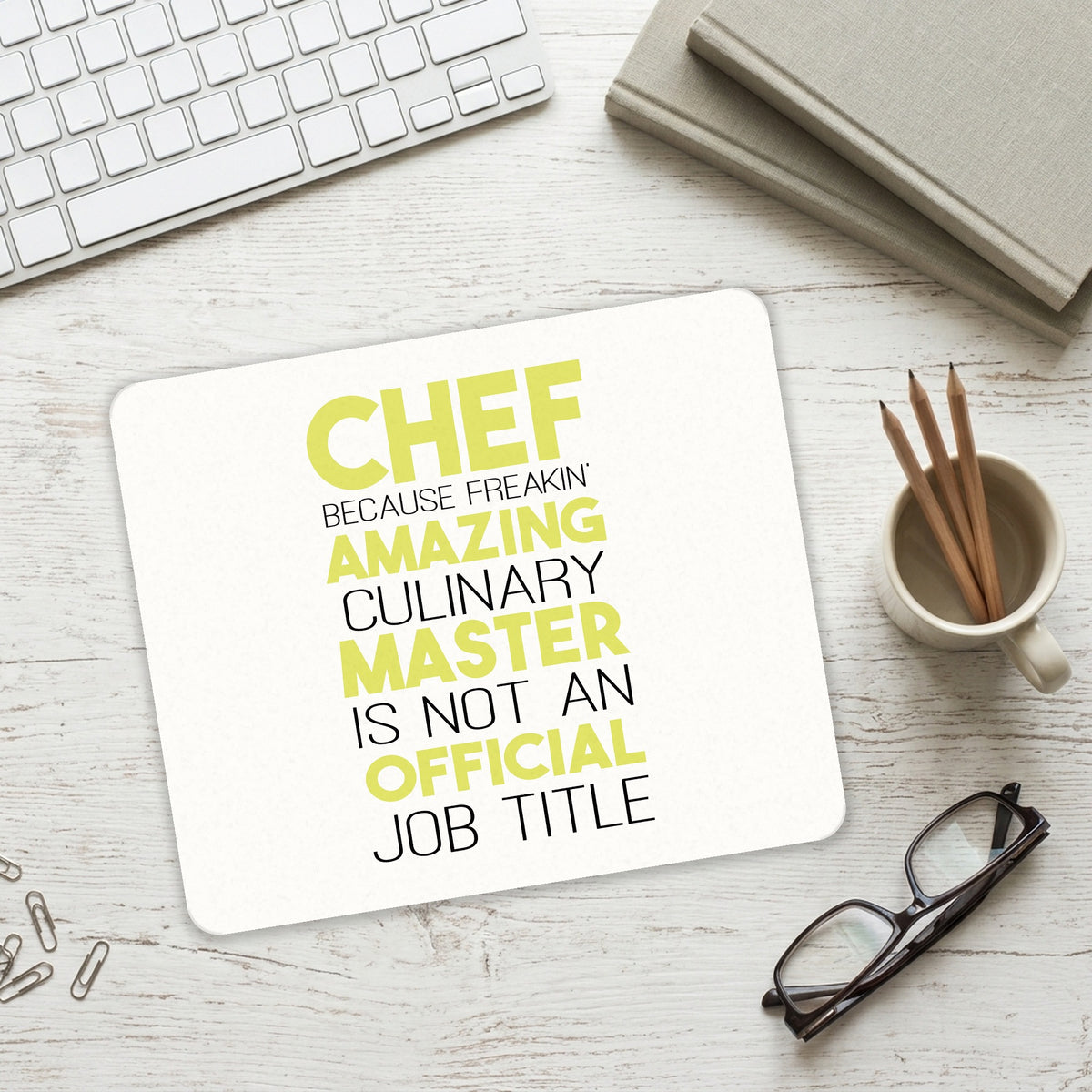 Chef Amazing Culinary Master mouse pad on a desk with a keyboard