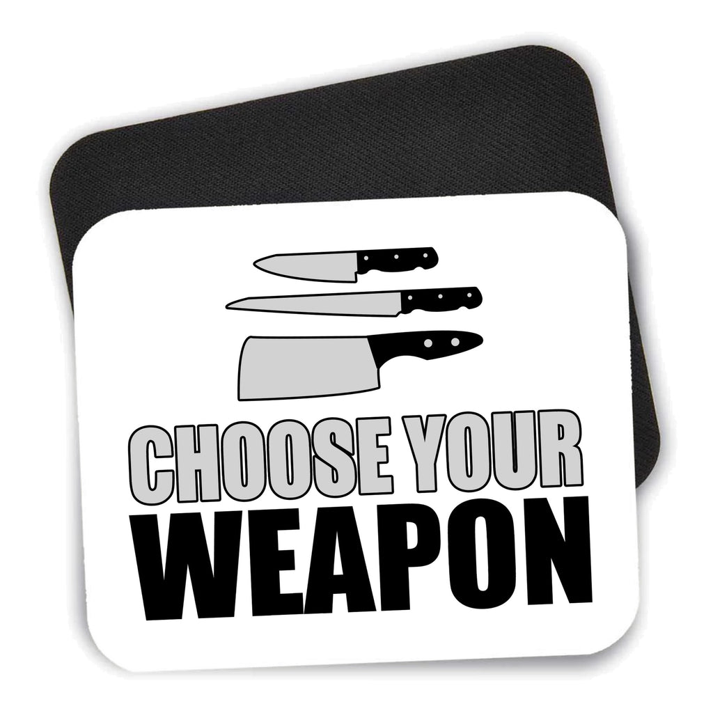 Choose Your Weapon - Chef Knives mouse pad shown with its black non-slip rubber underside