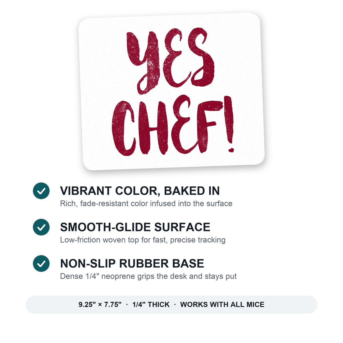 Yes Chef mouse pad: vibrant color, smooth-glide surface, non-slip rubber base, 9.25 x 7.75 inches