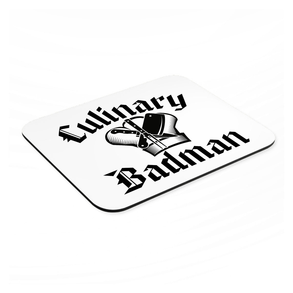 Culinary Badman mouse pad, angled view showing the 1/4 inch thick base
