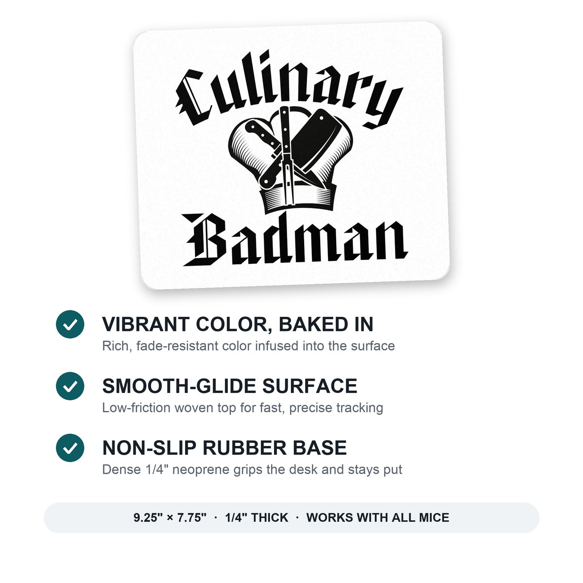 Culinary Badman mouse pad: vibrant color, smooth-glide surface, non-slip rubber base, 9.25 x 7.75 inches