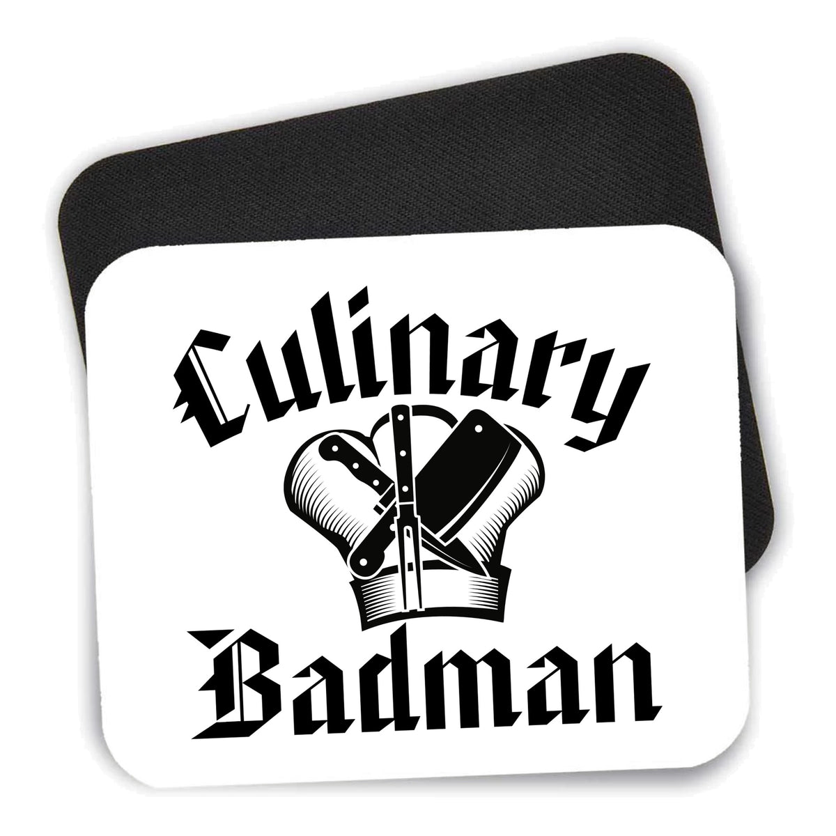 Culinary Badman mouse pad shown with its black non-slip rubber underside