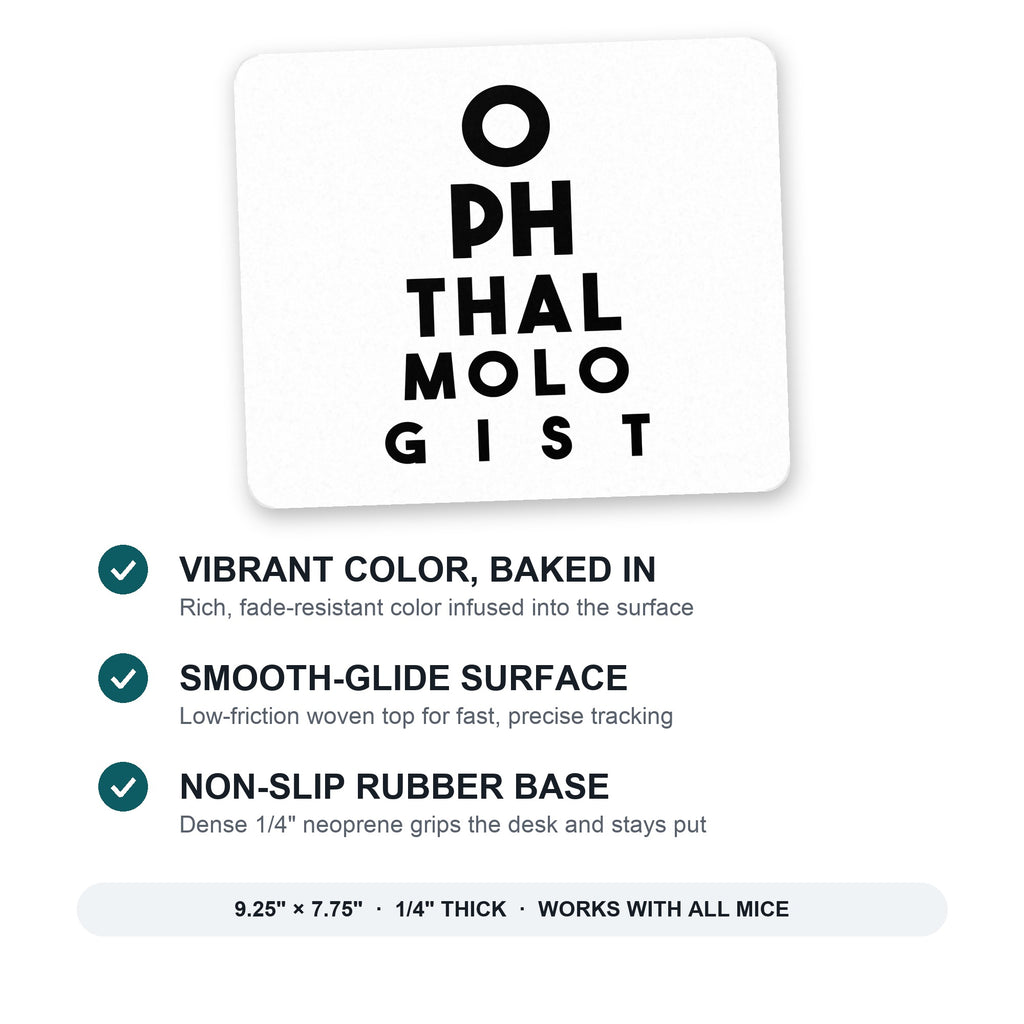 Ophthalmologist Eye Chart mouse pad: vibrant color, smooth-glide surface, non-slip rubber base, 9.25 x 7.75 inches