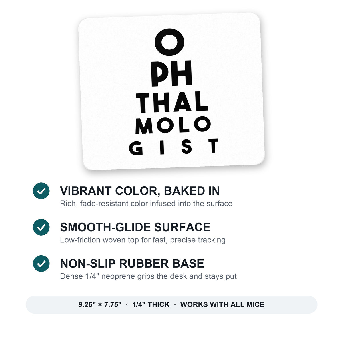 Ophthalmologist Eye Chart mouse pad: vibrant color, smooth-glide surface, non-slip rubber base, 9.25 x 7.75 inches
