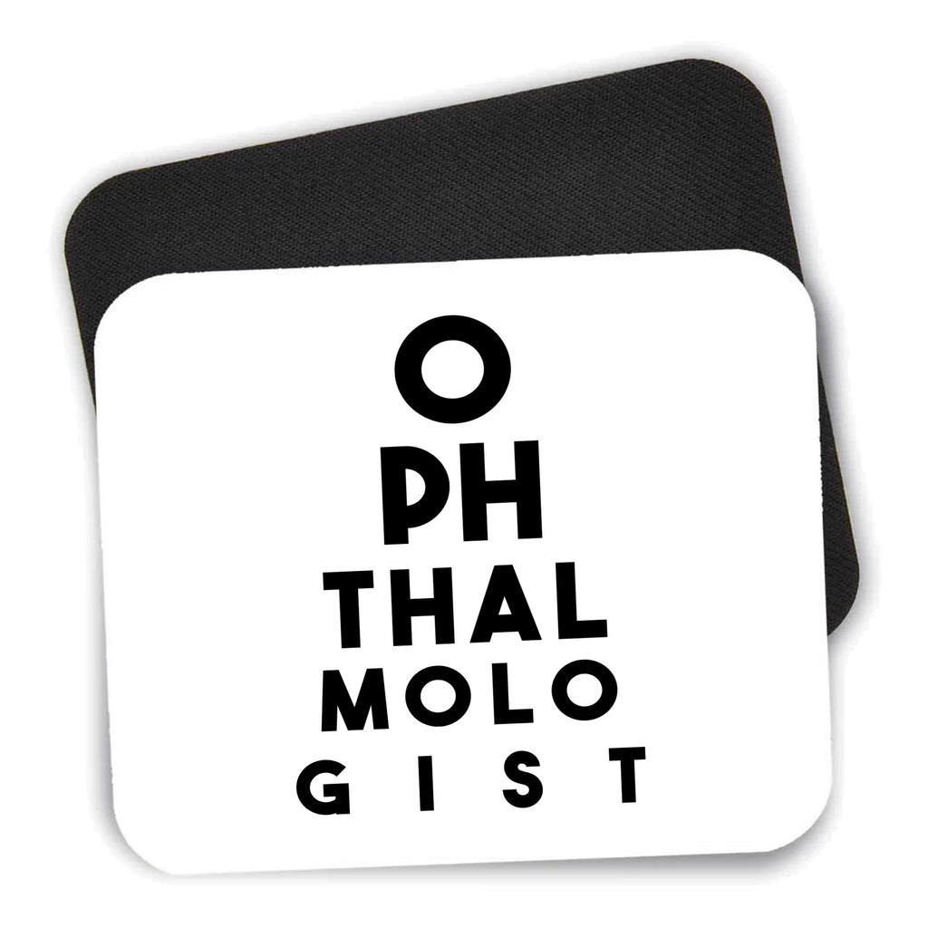 Ophthalmologist Eye Chart mouse pad shown with its black non-slip rubber underside