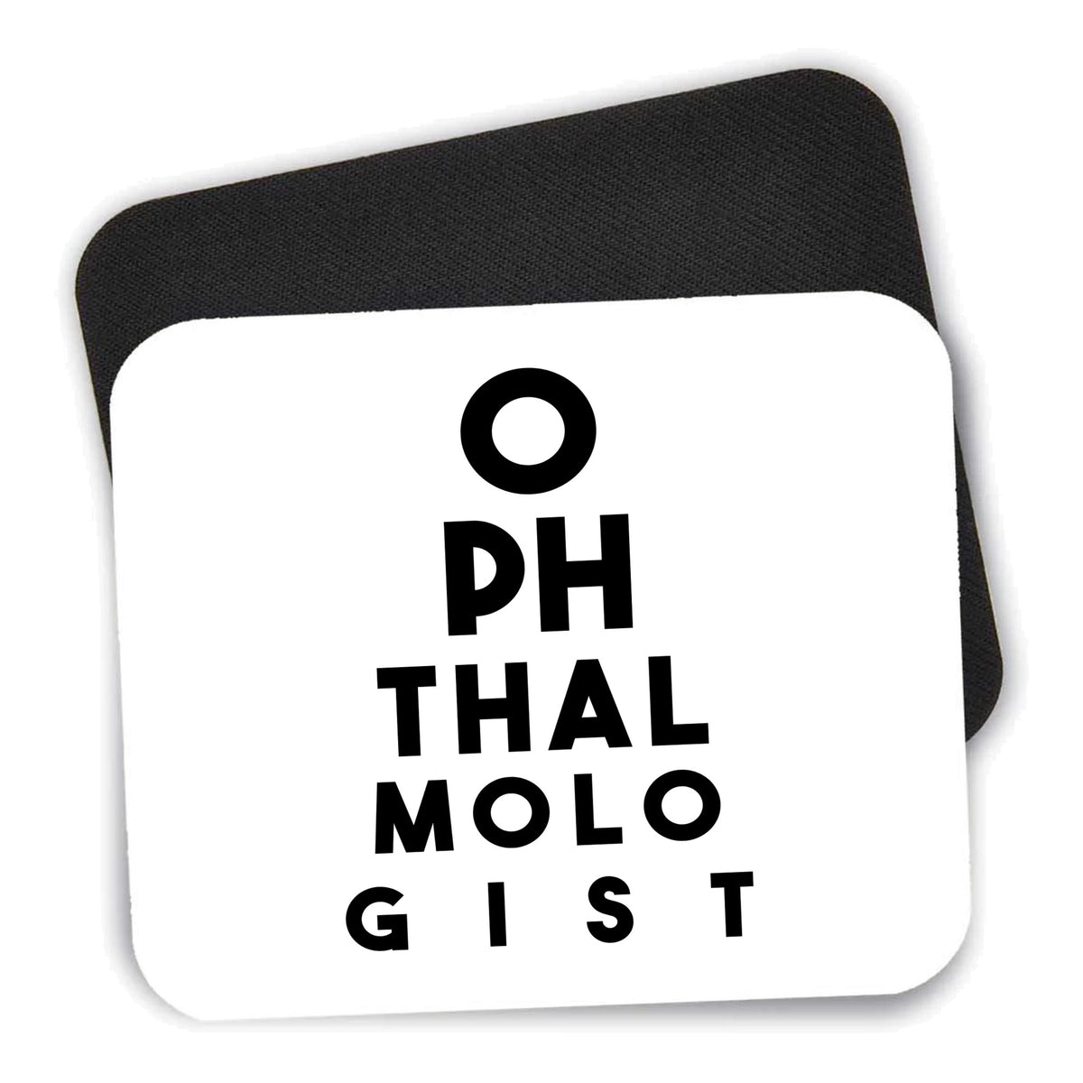 Ophthalmologist Eye Chart mouse pad shown with its black non-slip rubber underside