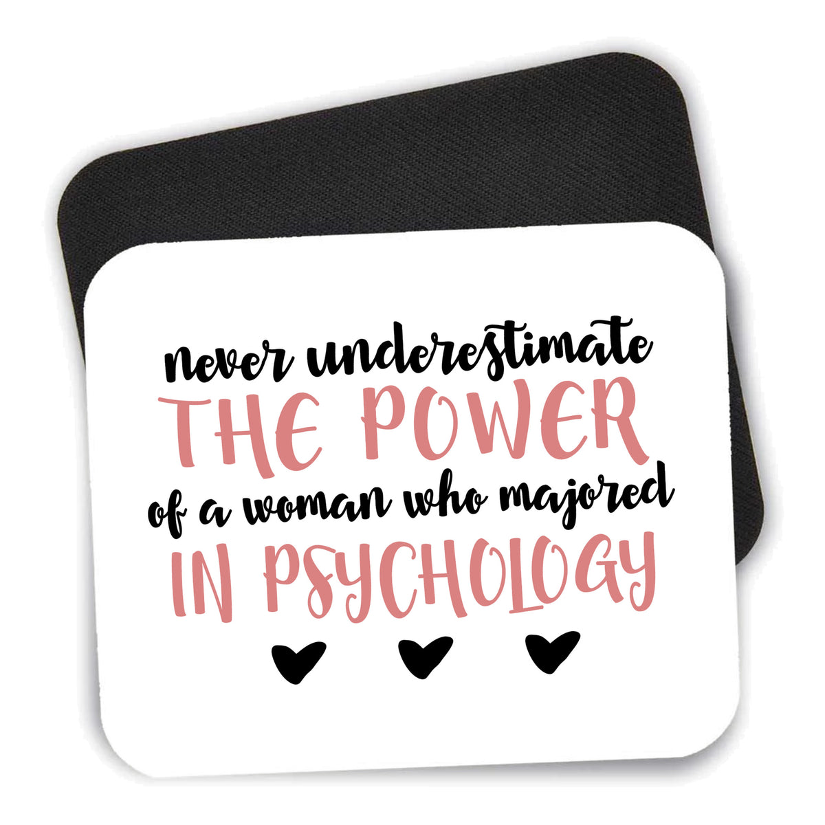 Never Underestimate Woman in Psychology mouse pad shown with its black non-slip rubber underside