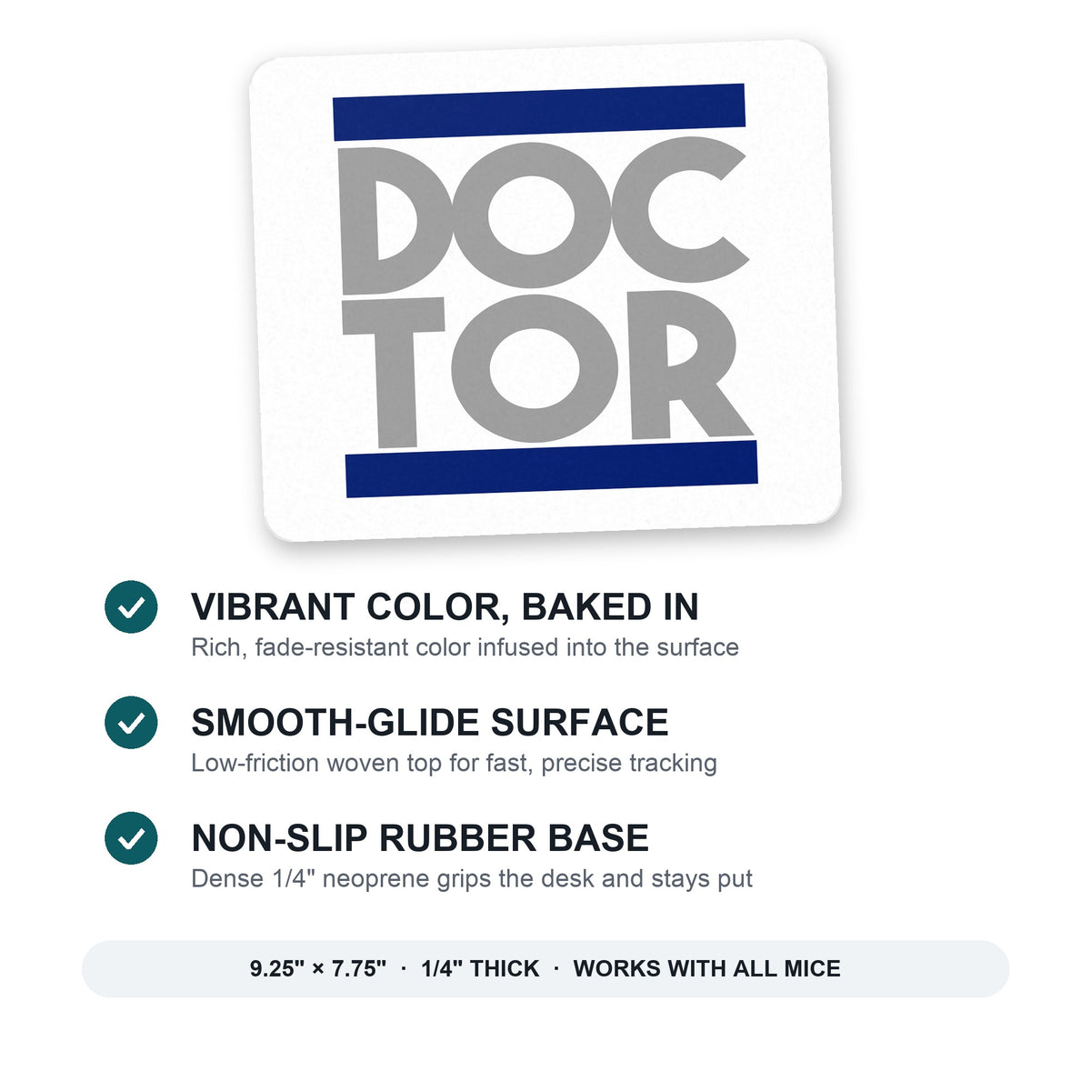 DOCTOR Word Art mouse pad: vibrant color, smooth-glide surface, non-slip rubber base, 9.25 x 7.75 inches