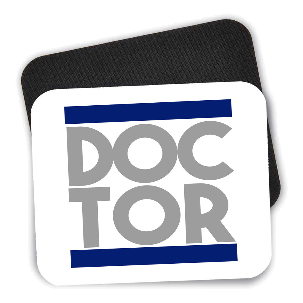 DOCTOR Word Art mouse pad shown with its black non-slip rubber underside