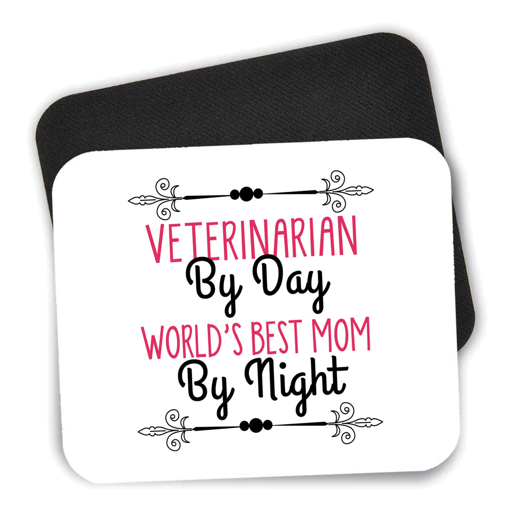 Vet By Day, Best Mom By Night mouse pad shown with its black non-slip rubber underside
