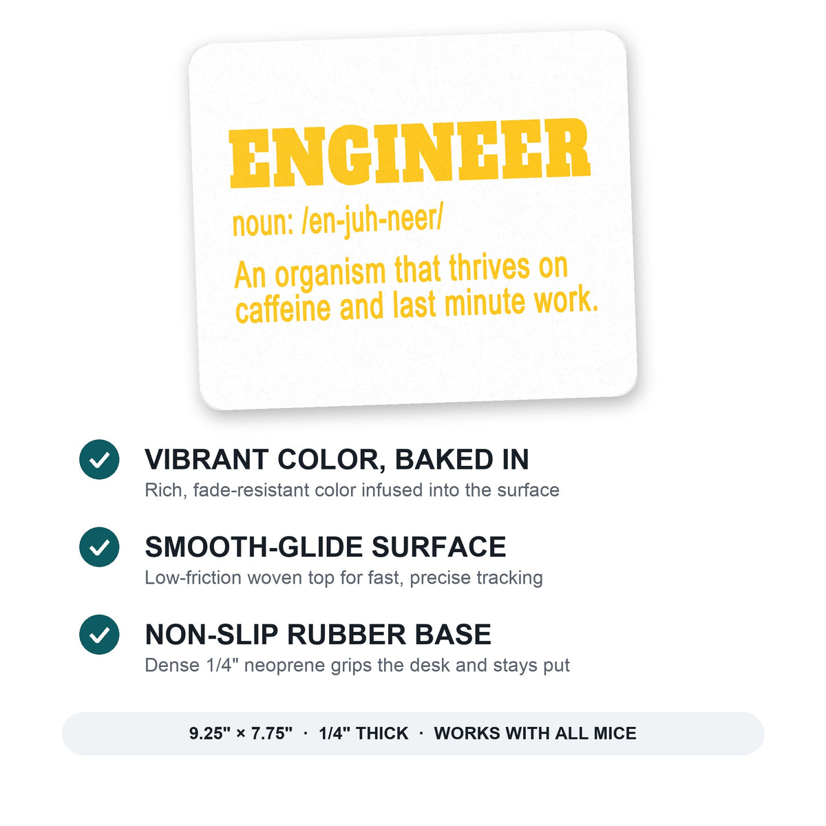Engineer Definition - Caffeine and Last Minute mouse pad: vibrant color, smooth-glide surface, non-slip rubber base, 9.25 x 7.75 inches
