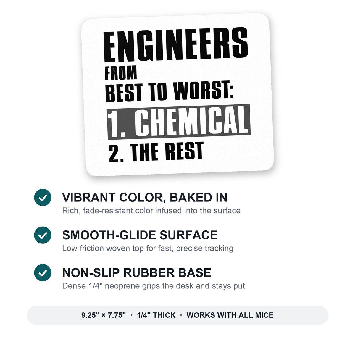 Chemical Engineers are the Best mouse pad: vibrant color, smooth-glide surface, non-slip rubber base, 9.25 x 7.75 inches