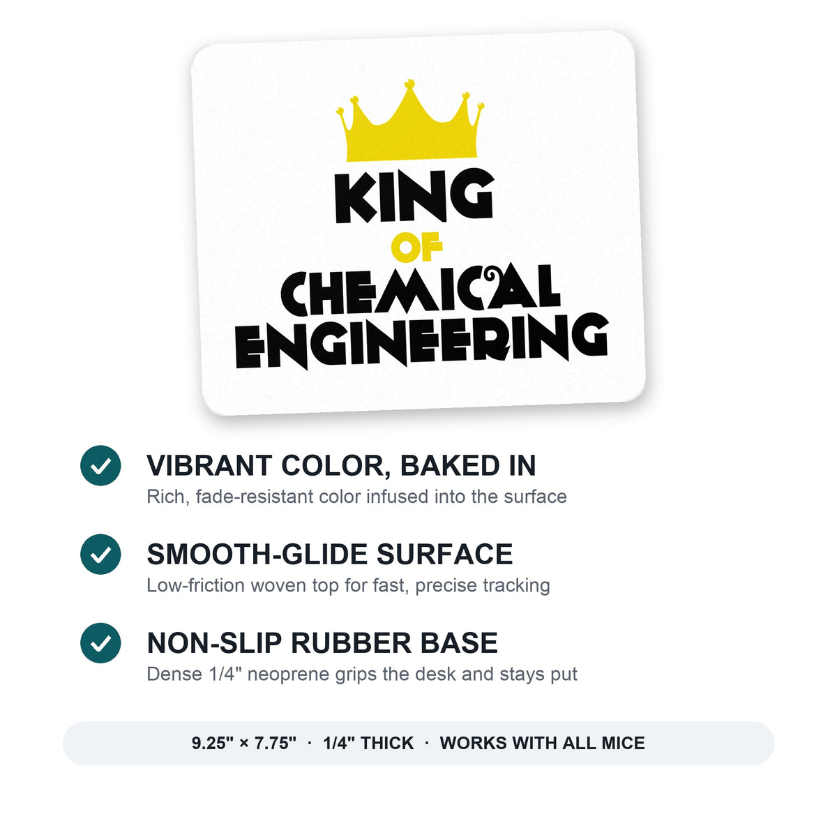 King of Chemical Engineering mouse pad: vibrant color, smooth-glide surface, non-slip rubber base, 9.25 x 7.75 inches