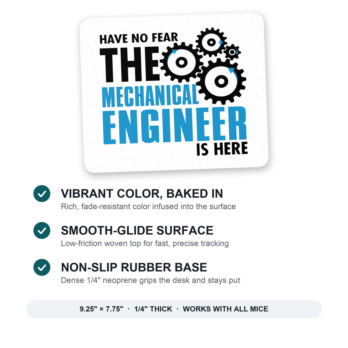 No Fear Mechanical Engineer is Here mouse pad: vibrant color, smooth-glide surface, non-slip rubber base, 9.25 x 7.75 inches