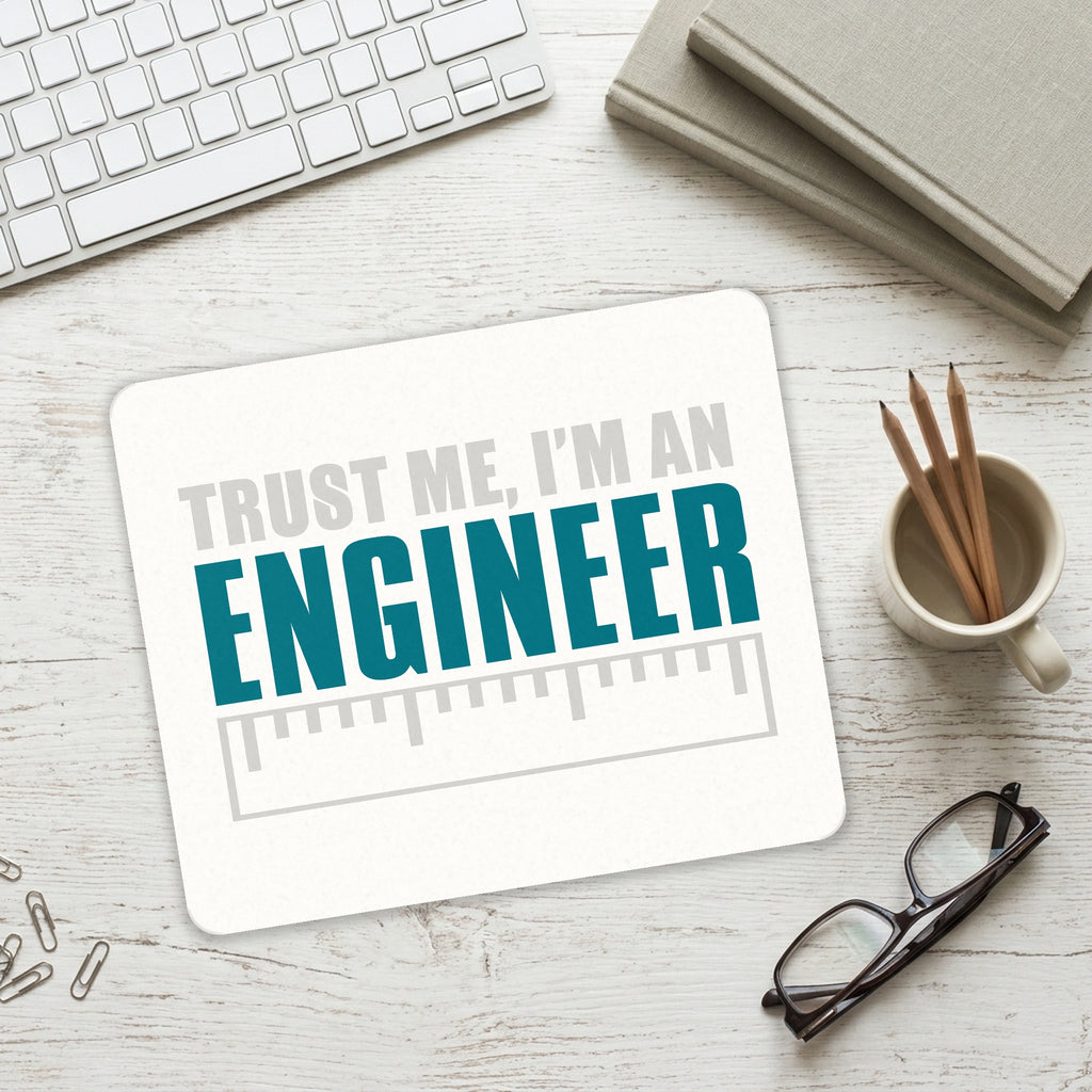 Trust Me I'm an Engineer mouse pad on a desk with a keyboard