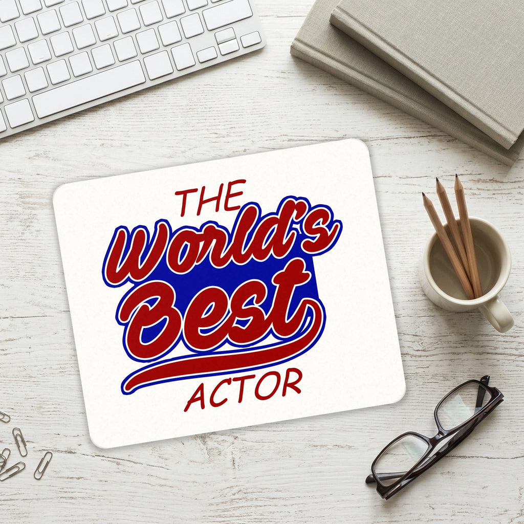The World's Best Actor mouse pad on a desk with a keyboard