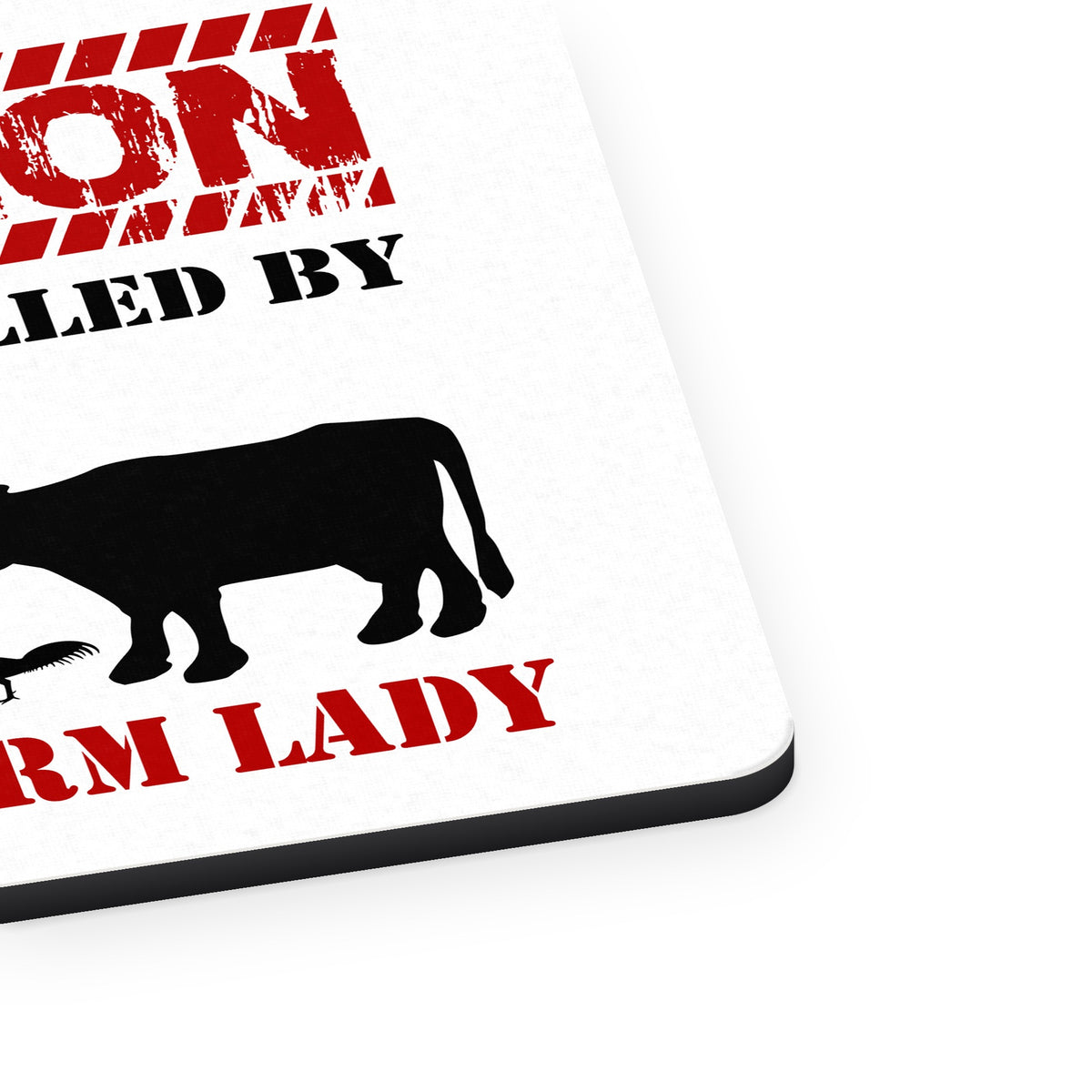 Area Controlled By Crazy Farm Lady mouse pad, close-up of the fabric surface and rubber edge