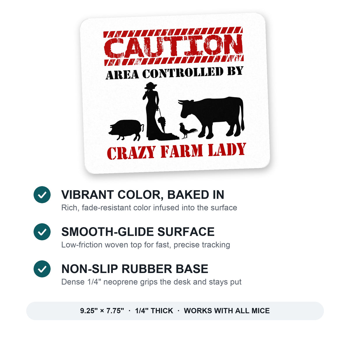 Area Controlled By Crazy Farm Lady mouse pad: vibrant color, smooth-glide surface, non-slip rubber base, 9.25 x 7.75 inches