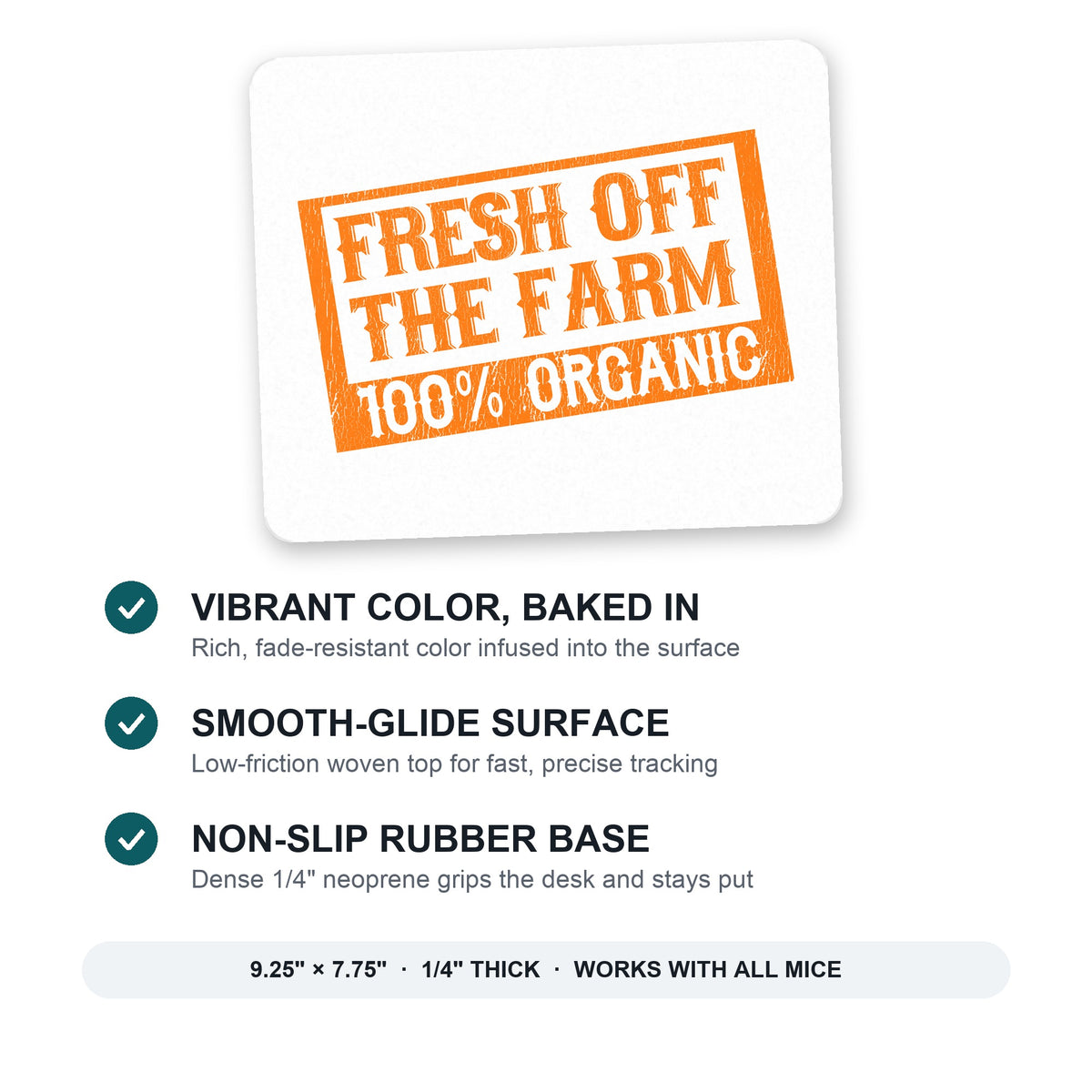 Fresh Off the Farm 100% Organic mouse pad: vibrant color, smooth-glide surface, non-slip rubber base, 9.25 x 7.75 inches