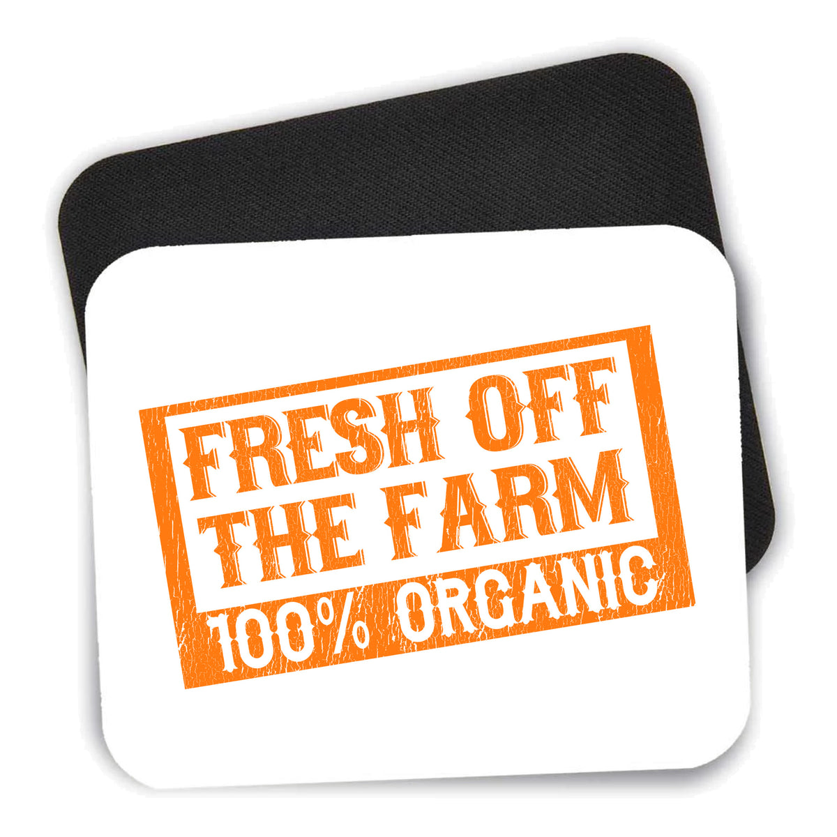 Fresh Off the Farm 100% Organic mouse pad shown with its black non-slip rubber underside