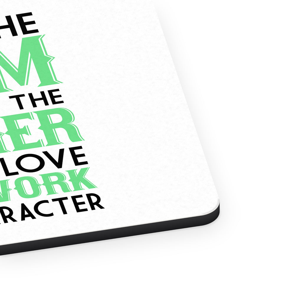 Hard Work & Character Make the Farmer mouse pad, close-up of the fabric surface and rubber edge
